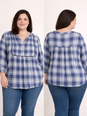 Wrangler Blue Plaid Peasant Top XL – Lightweight, Flowy & Stylish
